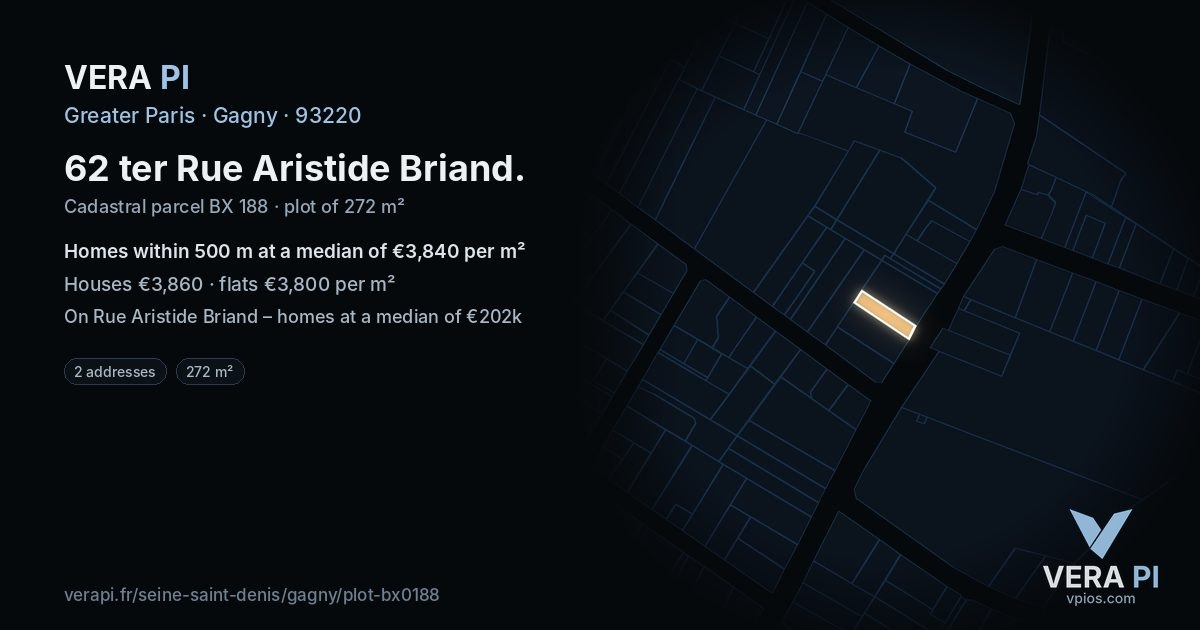 62 ter Rue Aristide Briand, Gagny at night – the plot lit, the parcels around coloured by the prices near them