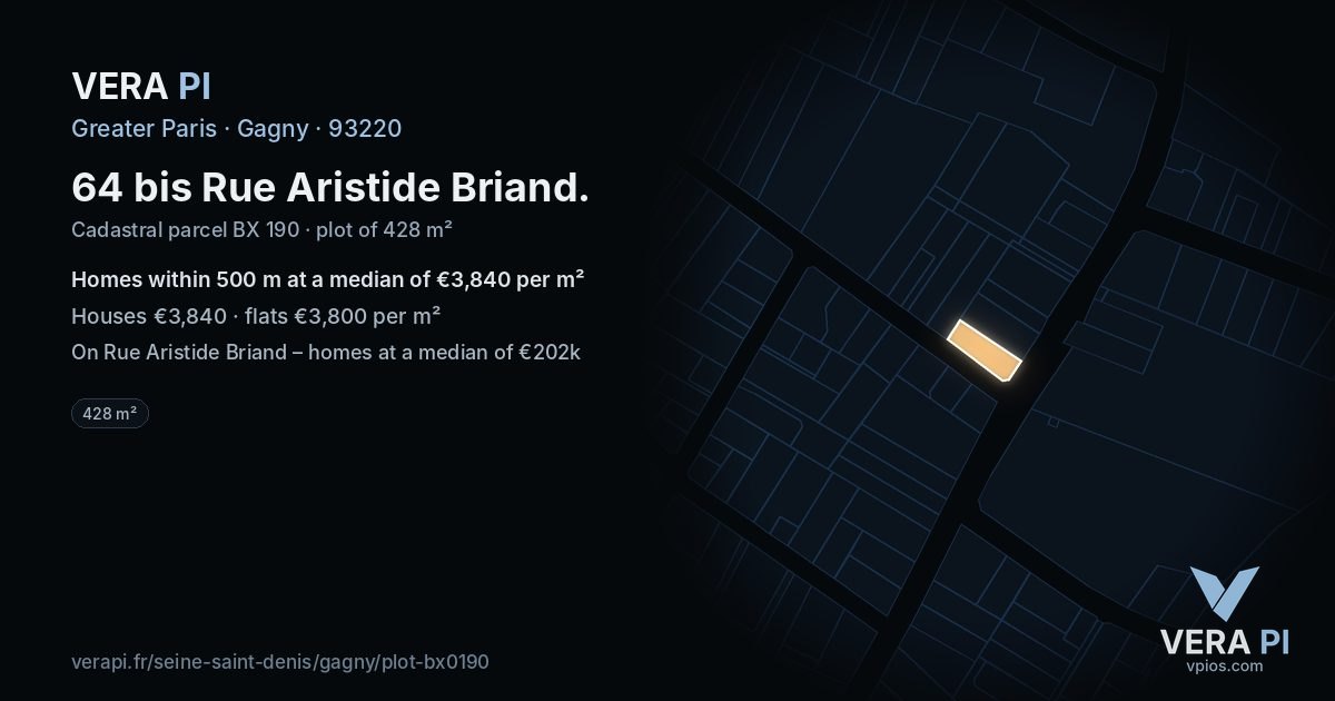 64 bis Rue Aristide Briand, Gagny at night – the plot lit, the parcels around coloured by the prices near them