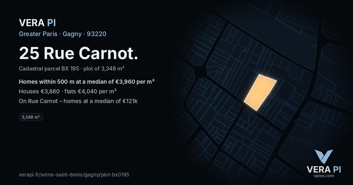 25 Rue Carnot, Gagny at night – the plot lit, the parcels around coloured by the prices near them