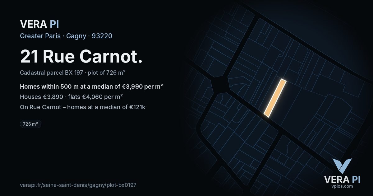 21 Rue Carnot, Gagny at night – the plot lit, the parcels around coloured by the prices near them
