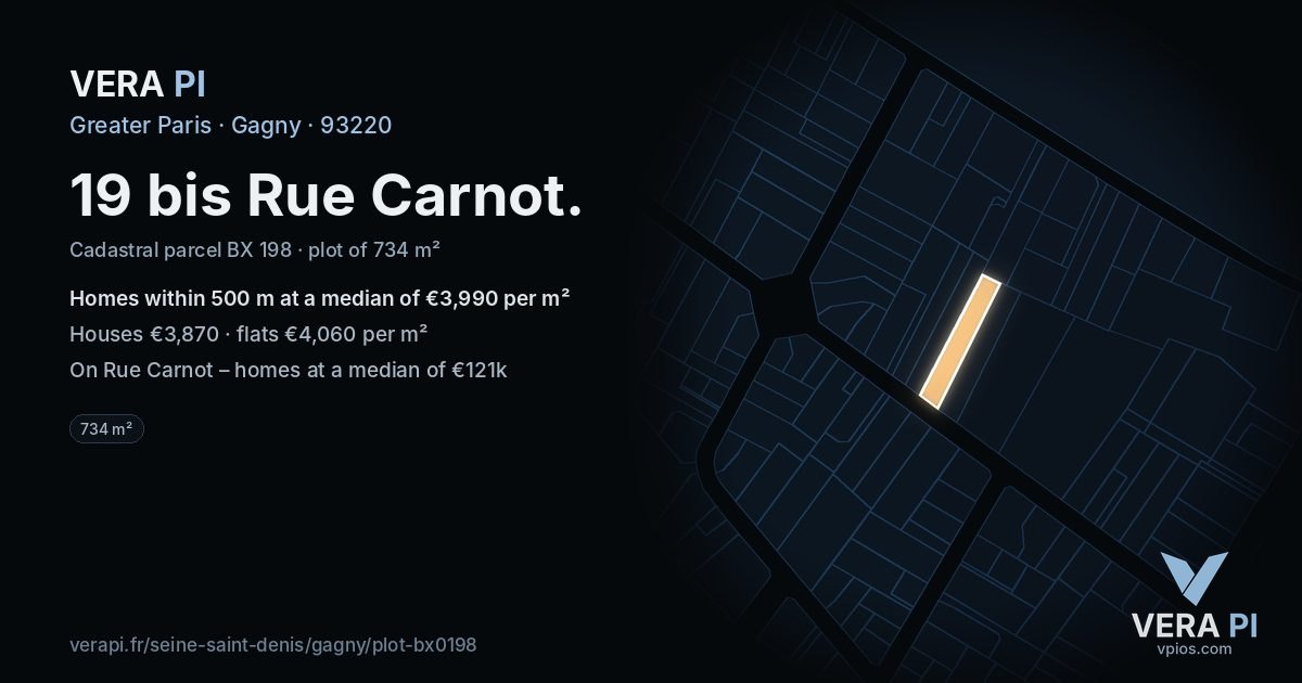 19 bis Rue Carnot, Gagny at night – the plot lit, the parcels around coloured by the prices near them