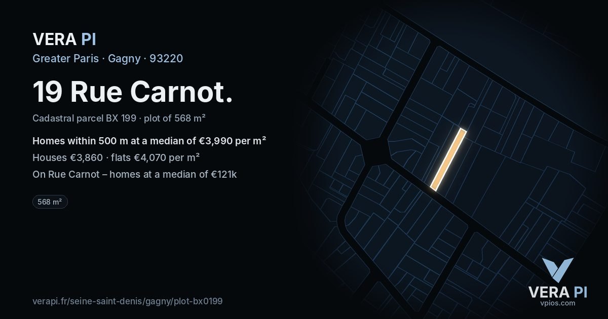 19 Rue Carnot, Gagny at night – the plot lit, the parcels around coloured by the prices near them