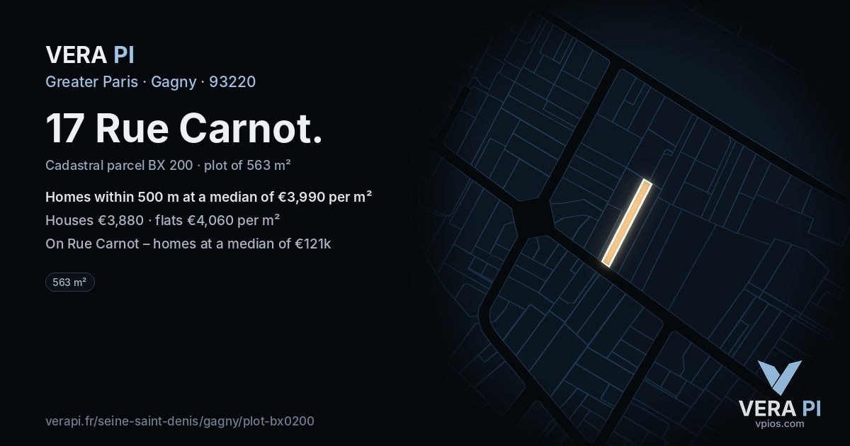 17 Rue Carnot, Gagny at night – the plot lit, the parcels around coloured by the prices near them