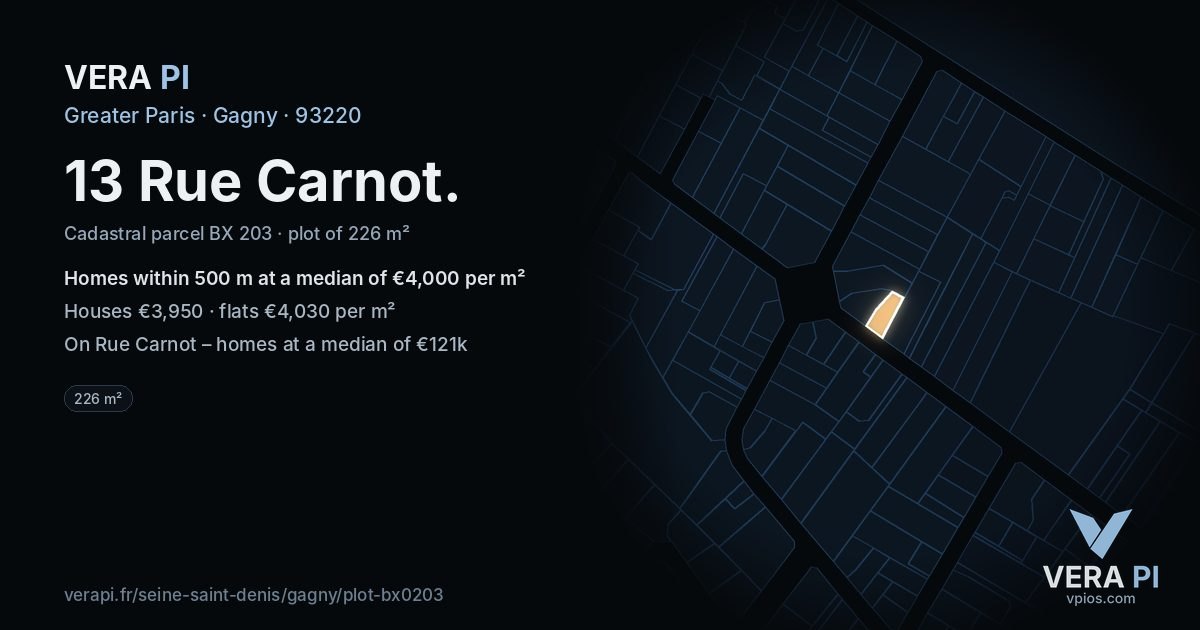 13 Rue Carnot, Gagny at night – the plot lit, the parcels around coloured by the prices near them