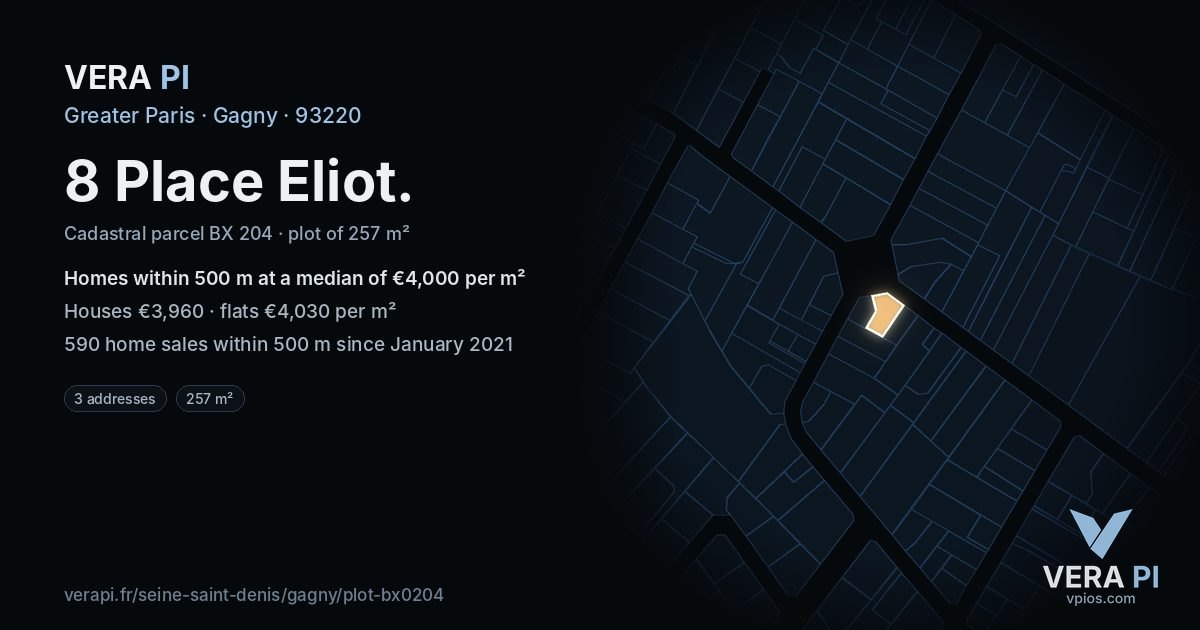 8 Place Eliot, Gagny at night – the plot lit, the parcels around coloured by the prices near them