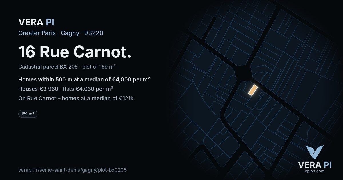 16 Rue Carnot, Gagny at night – the plot lit, the parcels around coloured by the prices near them