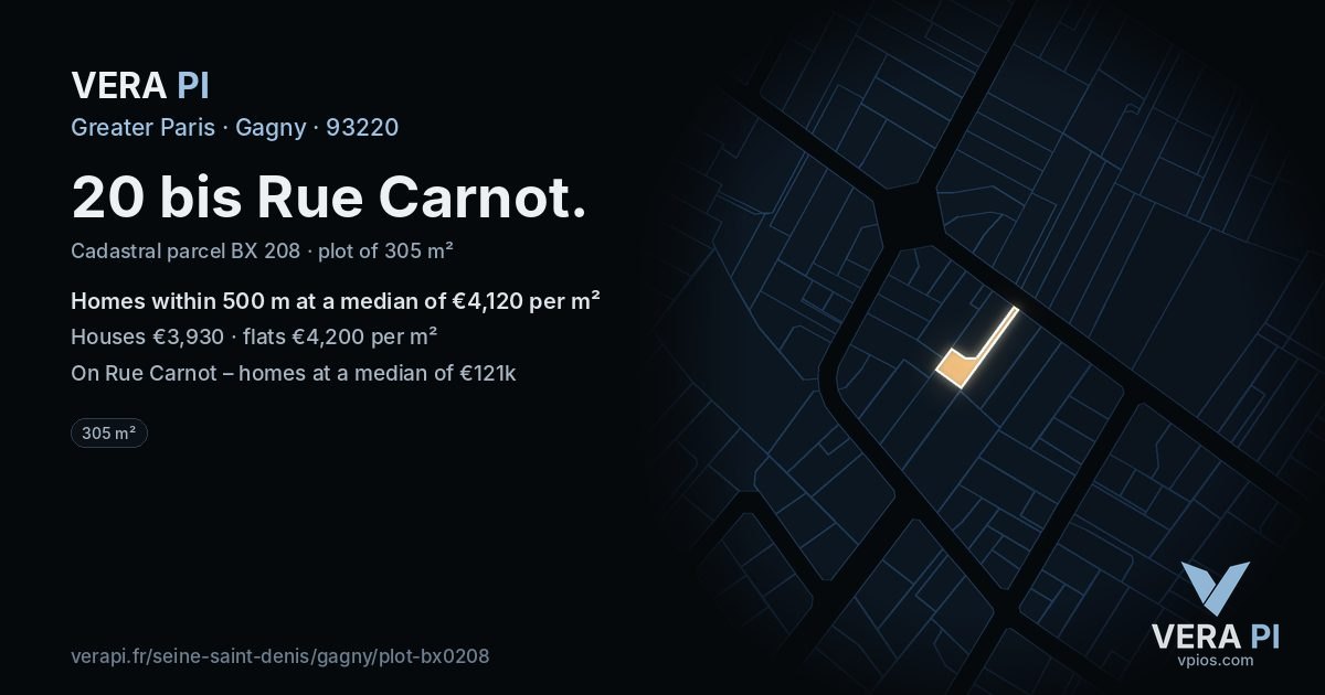 20 bis Rue Carnot, Gagny at night – the plot lit, the parcels around coloured by the prices near them