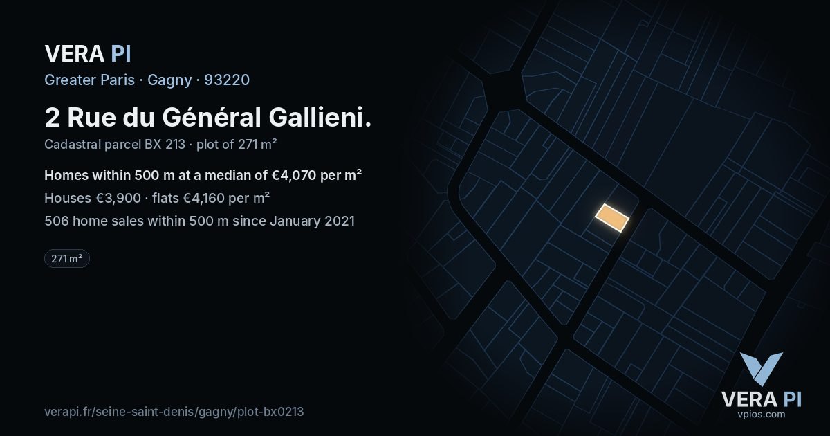 2 Rue du Général Gallieni, Gagny at night – the plot lit, the parcels around coloured by the prices near them