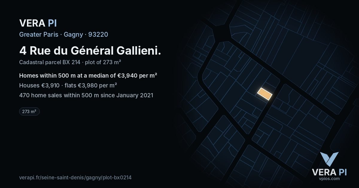 4 Rue du Général Gallieni, Gagny at night – the plot lit, the parcels around coloured by the prices near them