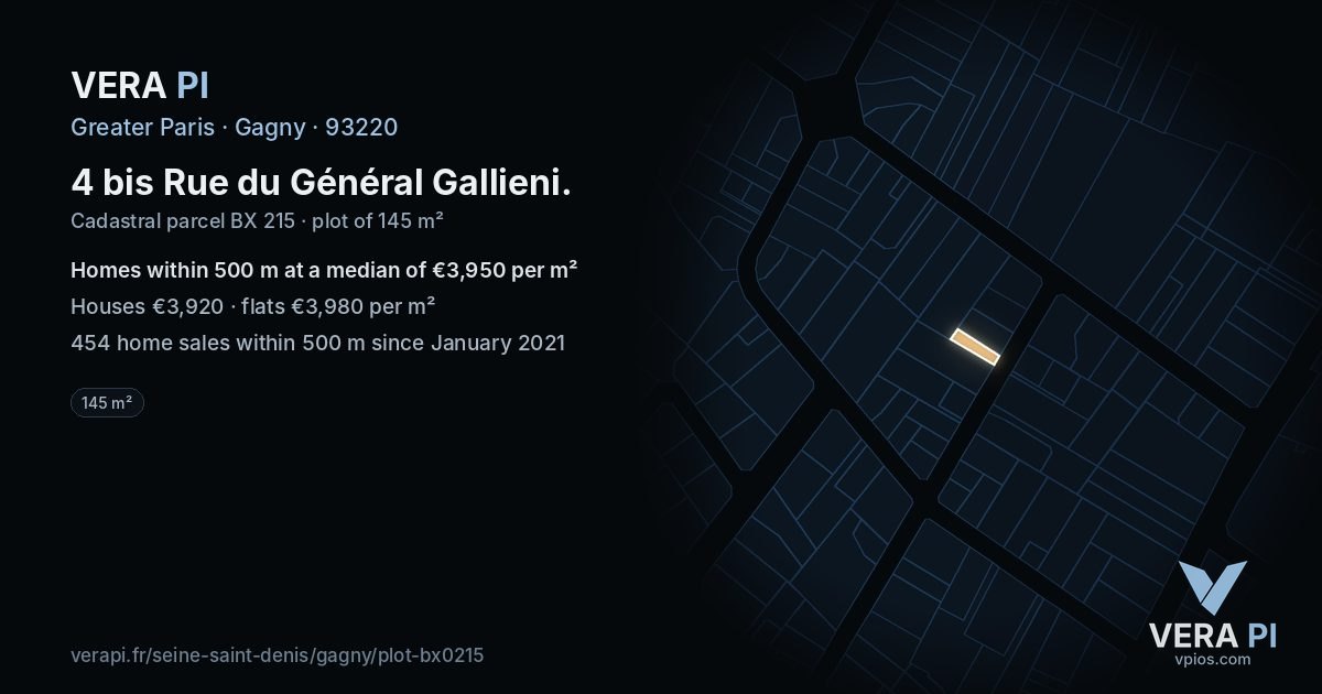 4 bis Rue du Général Gallieni, Gagny at night – the plot lit, the parcels around coloured by the prices near them