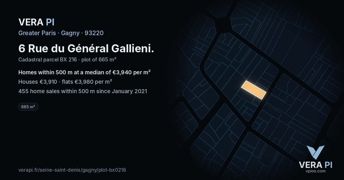 6 Rue du Général Gallieni, Gagny at night – the plot lit, the parcels around coloured by the prices near them