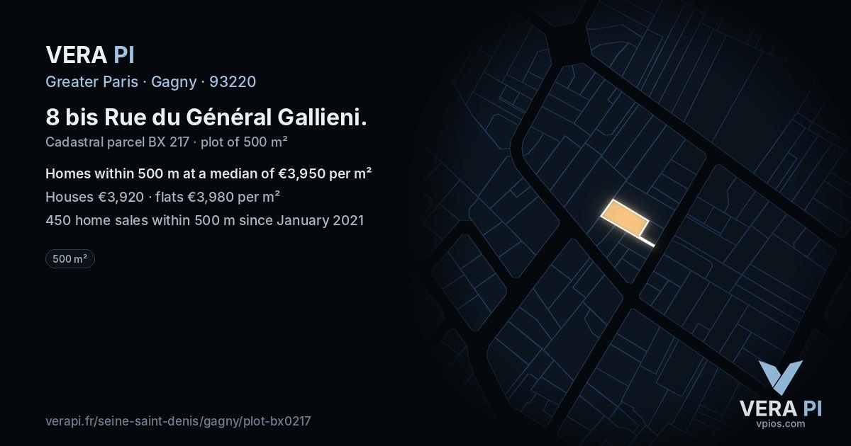 8 bis Rue du Général Gallieni, Gagny at night – the plot lit, the parcels around coloured by the prices near them