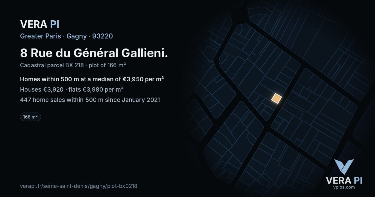 8 Rue du Général Gallieni, Gagny at night – the plot lit, the parcels around coloured by the prices near them