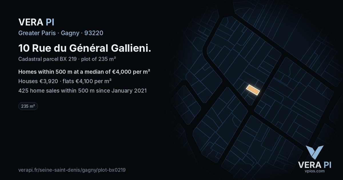 10 Rue du Général Gallieni, Gagny at night – the plot lit, the parcels around coloured by the prices near them