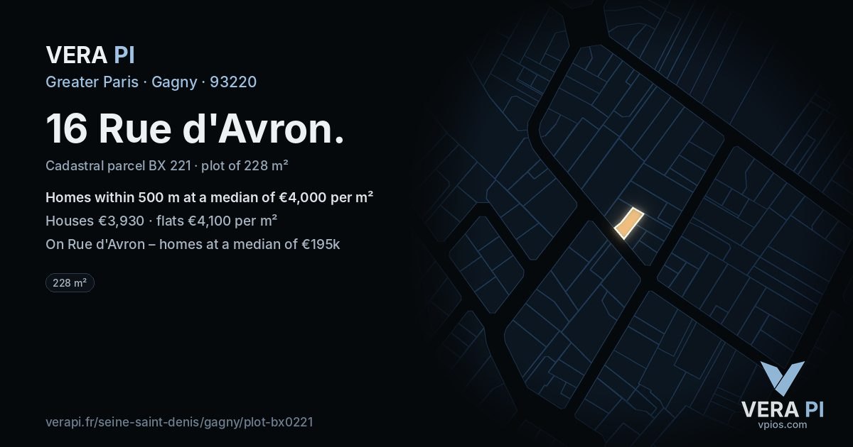 16 Rue d'Avron, Gagny at night – the plot lit, the parcels around coloured by the prices near them