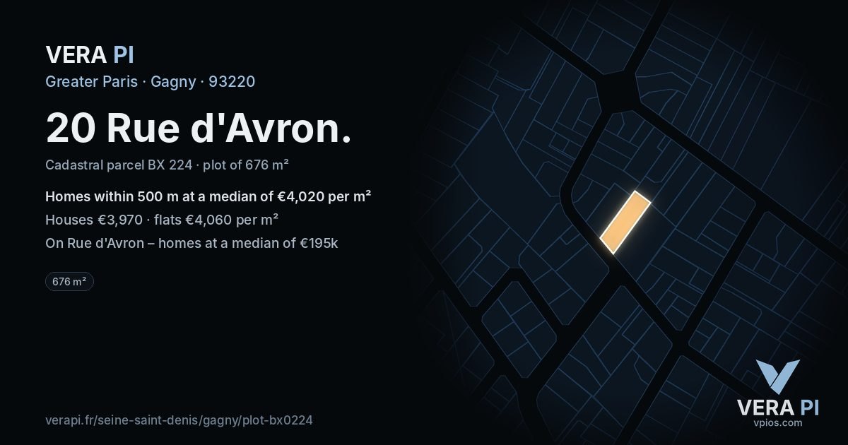 20 Rue d'Avron, Gagny at night – the plot lit, the parcels around coloured by the prices near them