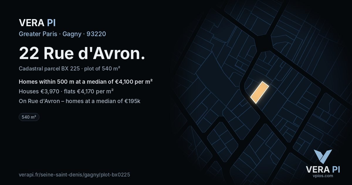 22 Rue d'Avron, Gagny at night – the plot lit, the parcels around coloured by the prices near them