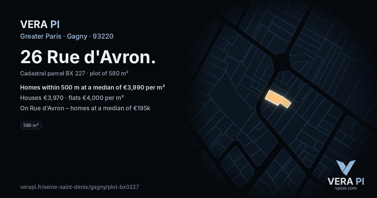 26 Rue d'Avron, Gagny at night – the plot lit, the parcels around coloured by the prices near them