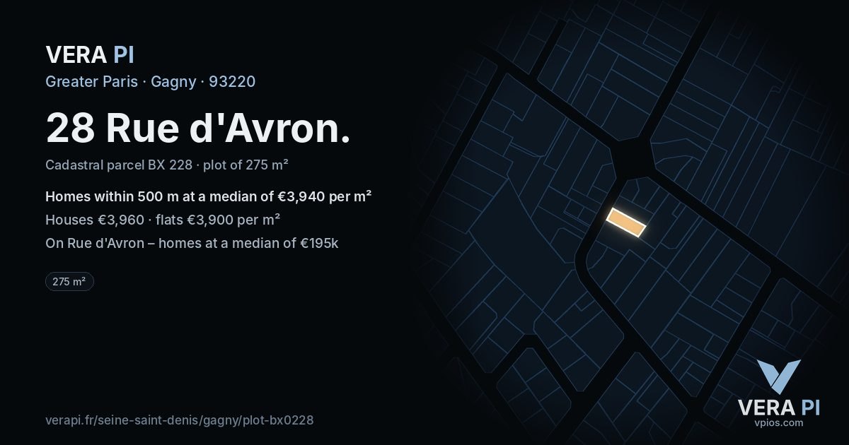 28 Rue d'Avron, Gagny at night – the plot lit, the parcels around coloured by the prices near them