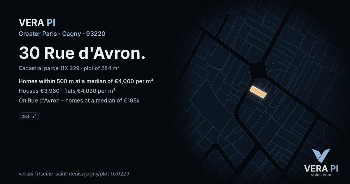 30 Rue d'Avron, Gagny at night – the plot lit, the parcels around coloured by the prices near them