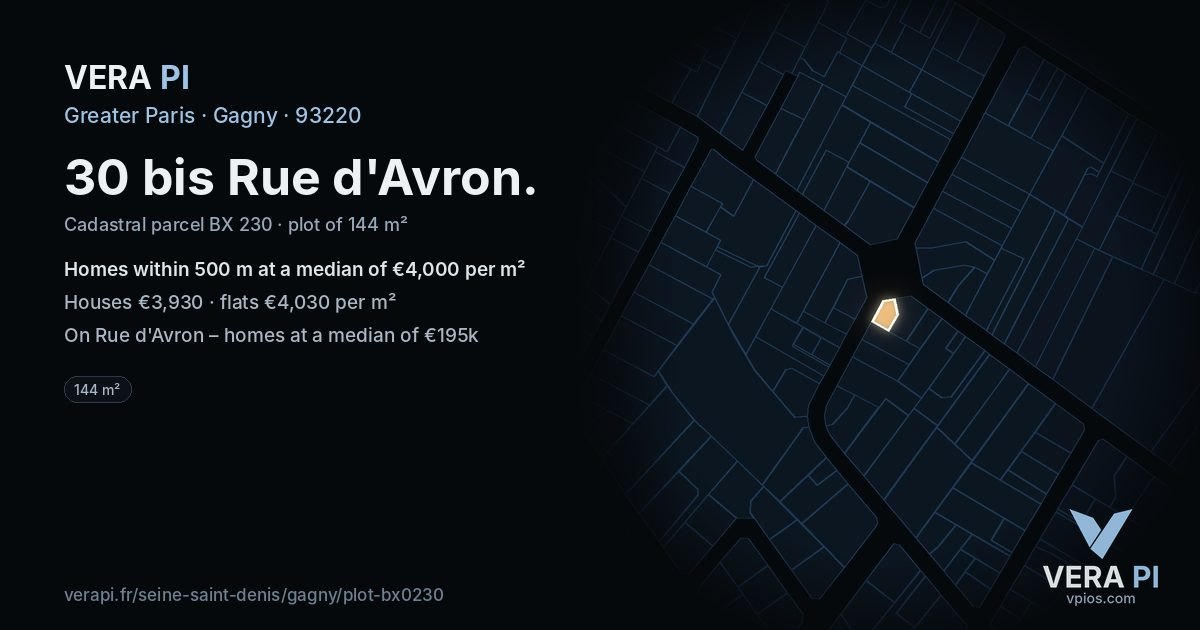 30 bis Rue d'Avron, Gagny at night – the plot lit, the parcels around coloured by the prices near them