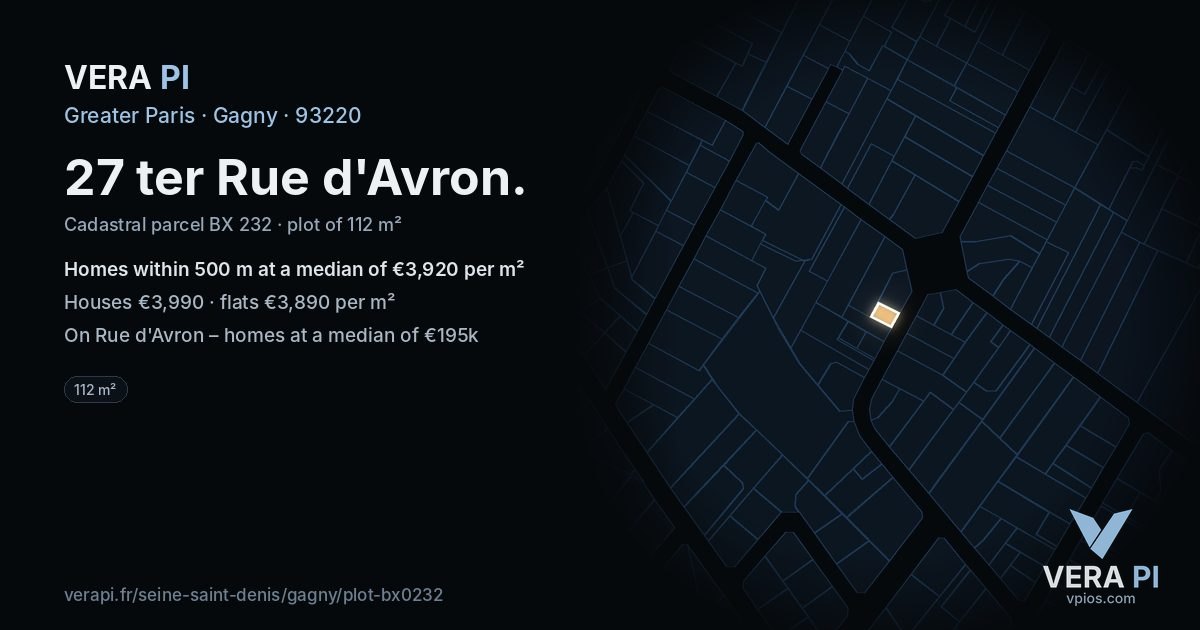 27 ter Rue d'Avron, Gagny at night – the plot lit, the parcels around coloured by the prices near them