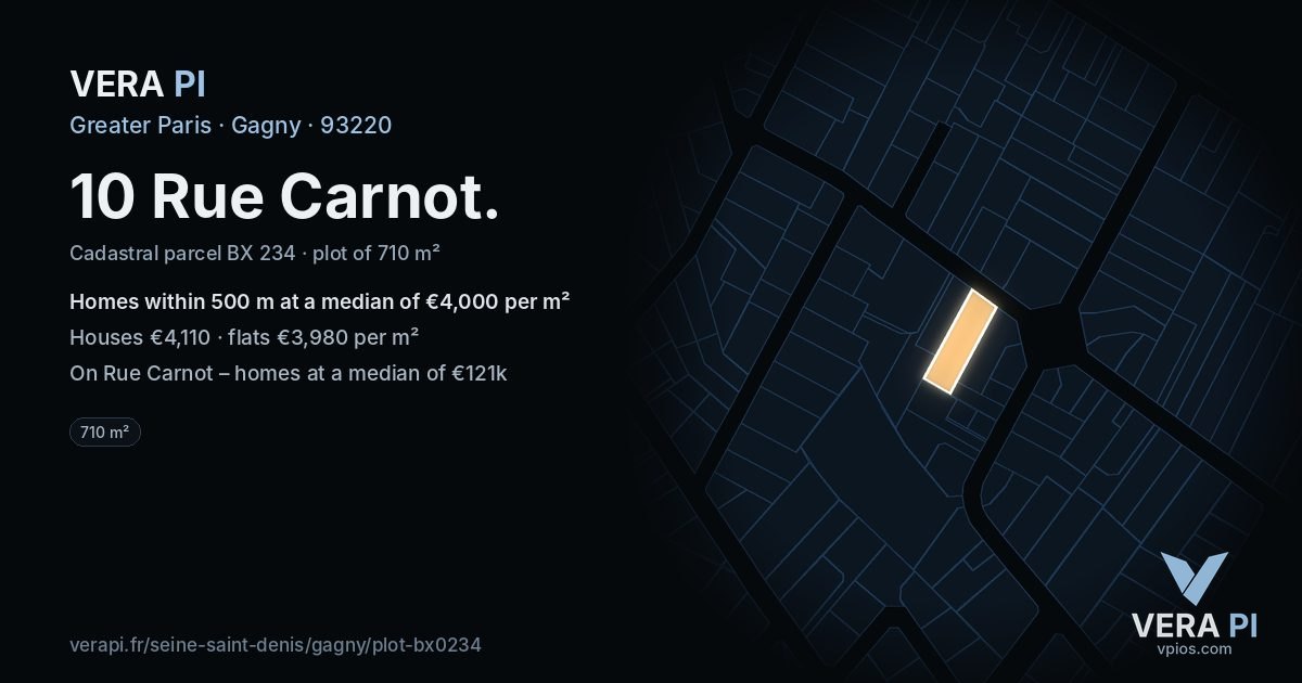 10 Rue Carnot, Gagny at night – the plot lit, the parcels around coloured by the prices near them