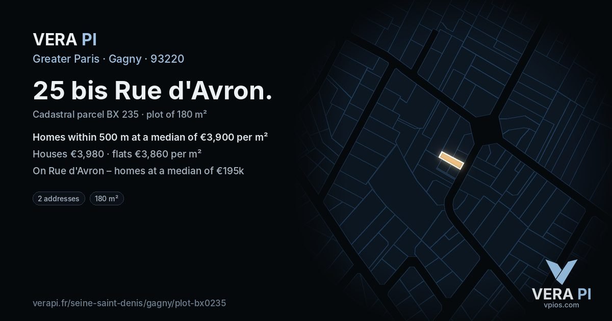 25 bis Rue d'Avron, Gagny at night – the plot lit, the parcels around coloured by the prices near them