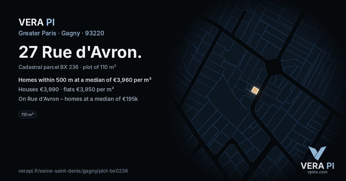 27 Rue d'Avron, Gagny at night – the plot lit, the parcels around coloured by the prices near them