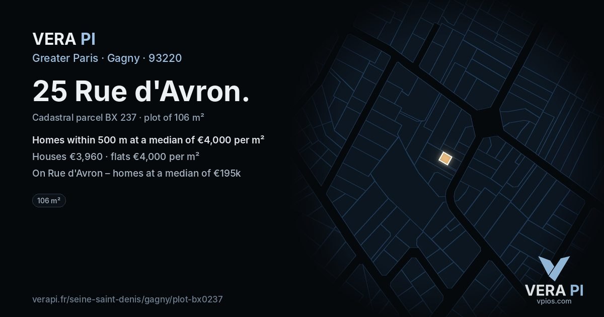 25 Rue d'Avron, Gagny at night – the plot lit, the parcels around coloured by the prices near them