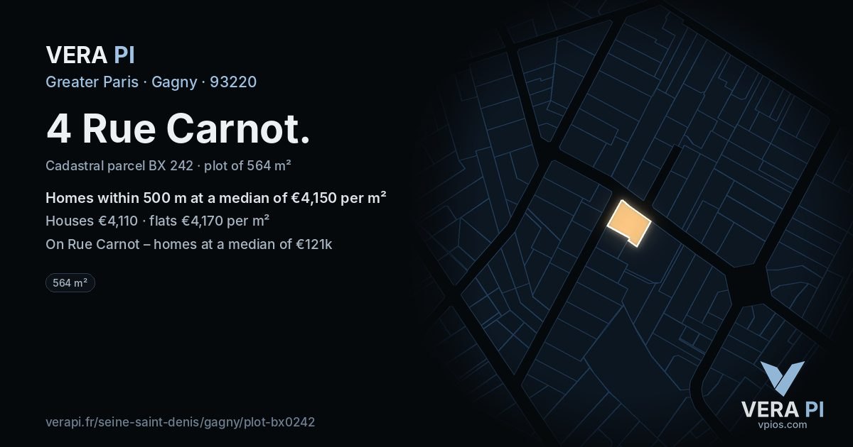 4 Rue Carnot, Gagny at night – the plot lit, the parcels around coloured by the prices near them