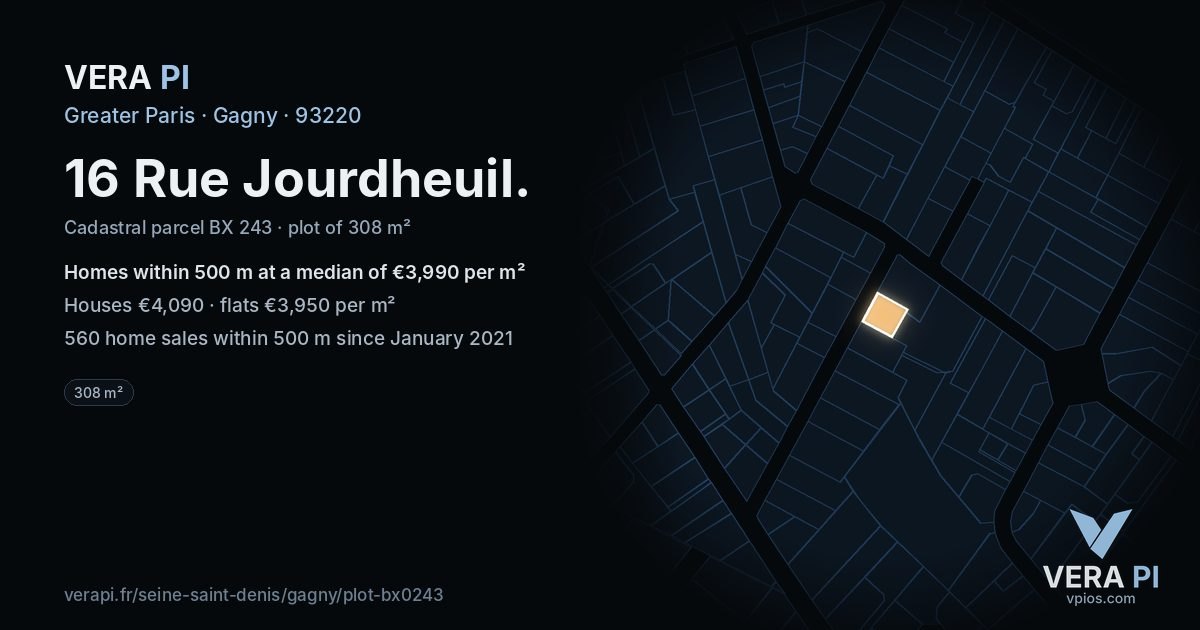 16 Rue Jourdheuil, Gagny at night – the plot lit, the parcels around coloured by the prices near them