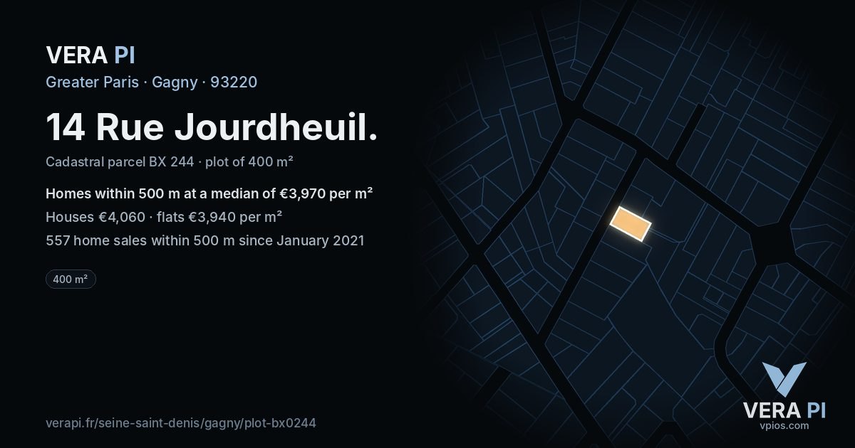 14 Rue Jourdheuil, Gagny at night – the plot lit, the parcels around coloured by the prices near them