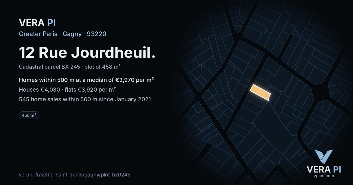 12 Rue Jourdheuil, Gagny at night – the plot lit, the parcels around coloured by the prices near them