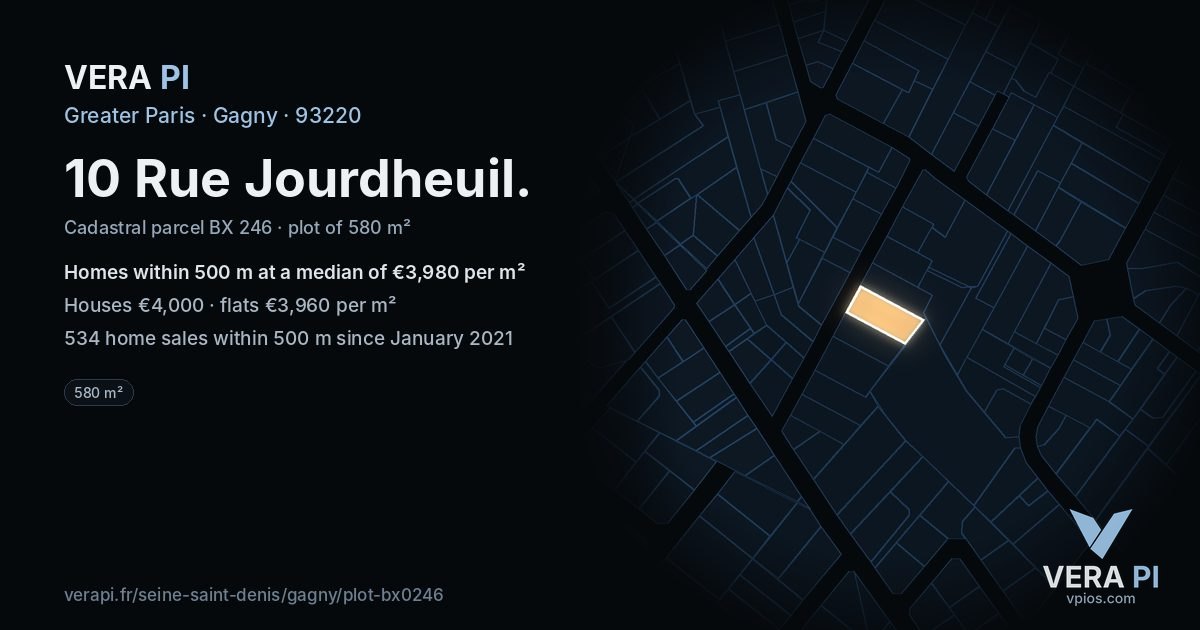 10 Rue Jourdheuil, Gagny at night – the plot lit, the parcels around coloured by the prices near them