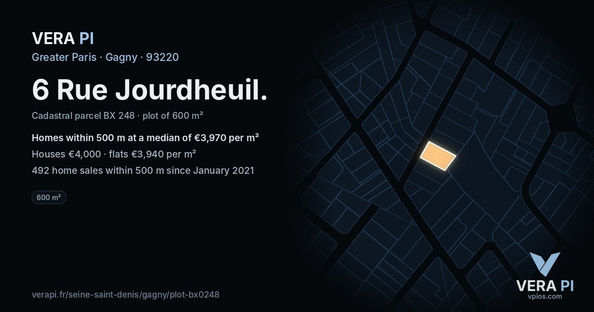 6 Rue Jourdheuil, Gagny at night – the plot lit, the parcels around coloured by the prices near them