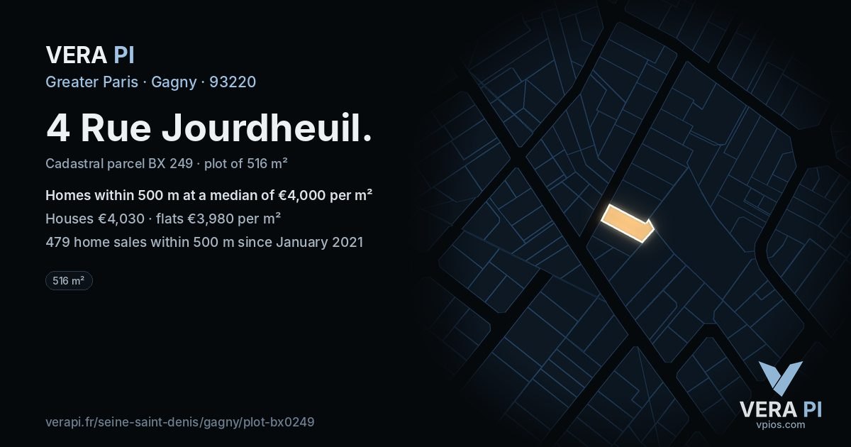 4 Rue Jourdheuil, Gagny at night – the plot lit, the parcels around coloured by the prices near them