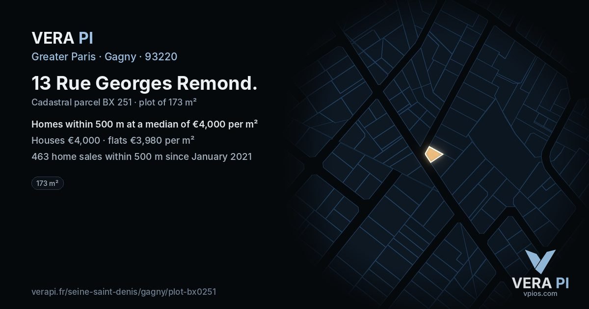 13 Rue Georges Remond, Gagny at night – the plot lit, the parcels around coloured by the prices near them