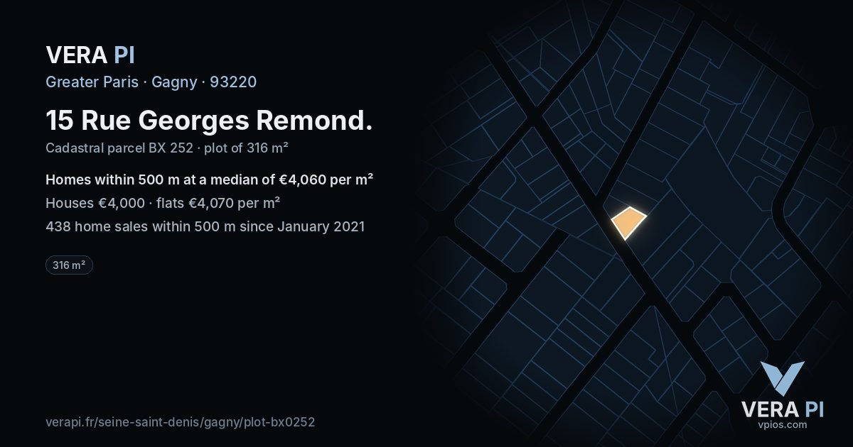 15 Rue Georges Remond, Gagny at night – the plot lit, the parcels around coloured by the prices near them