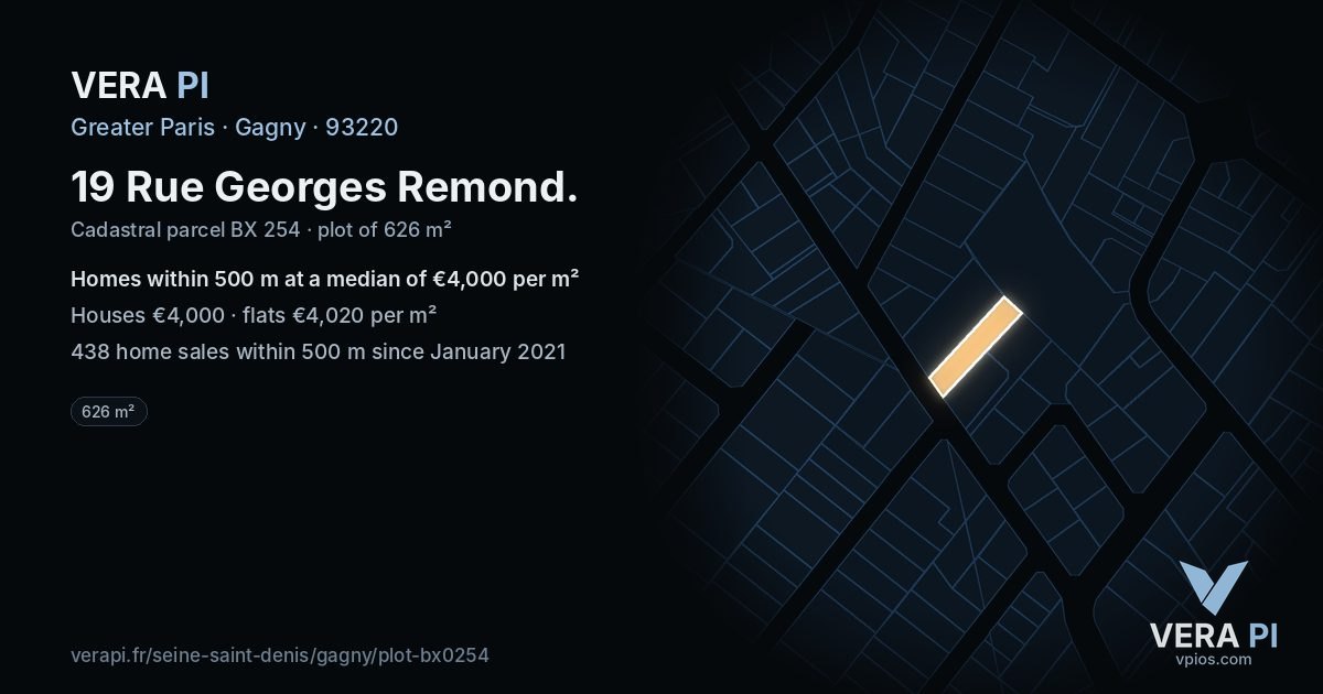 19 Rue Georges Remond, Gagny at night – the plot lit, the parcels around coloured by the prices near them