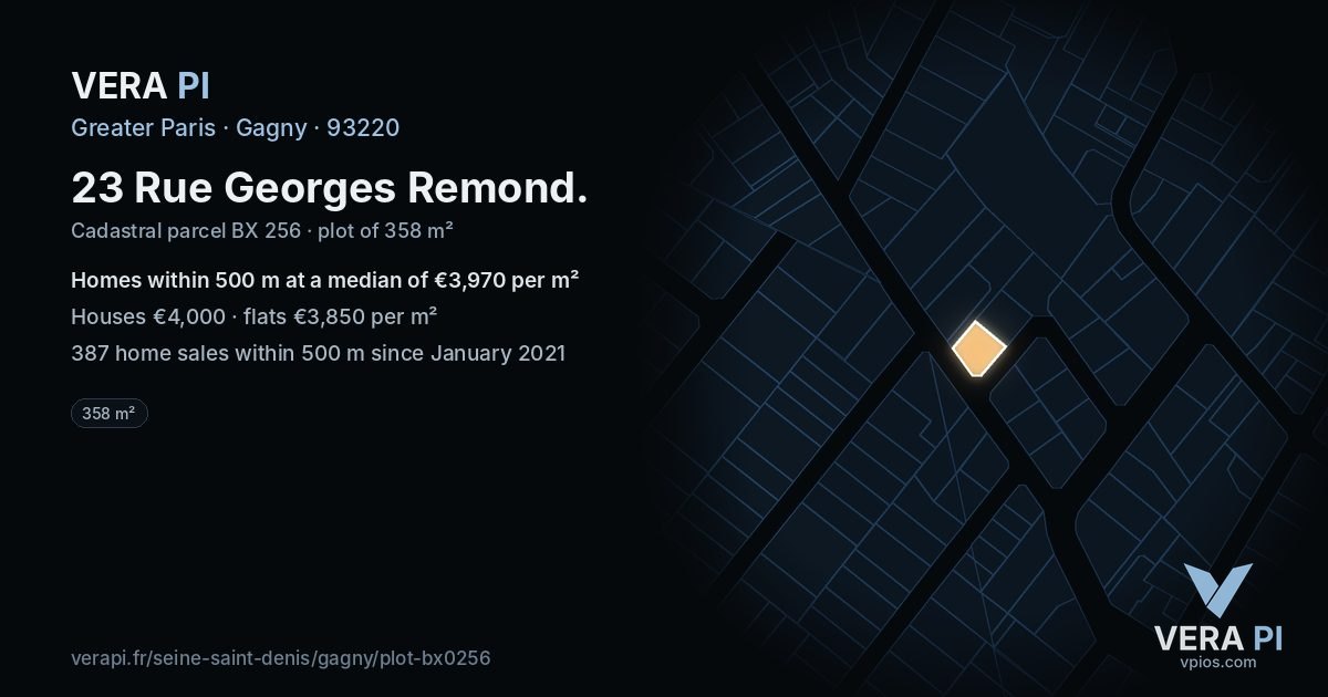23 Rue Georges Remond, Gagny at night – the plot lit, the parcels around coloured by the prices near them