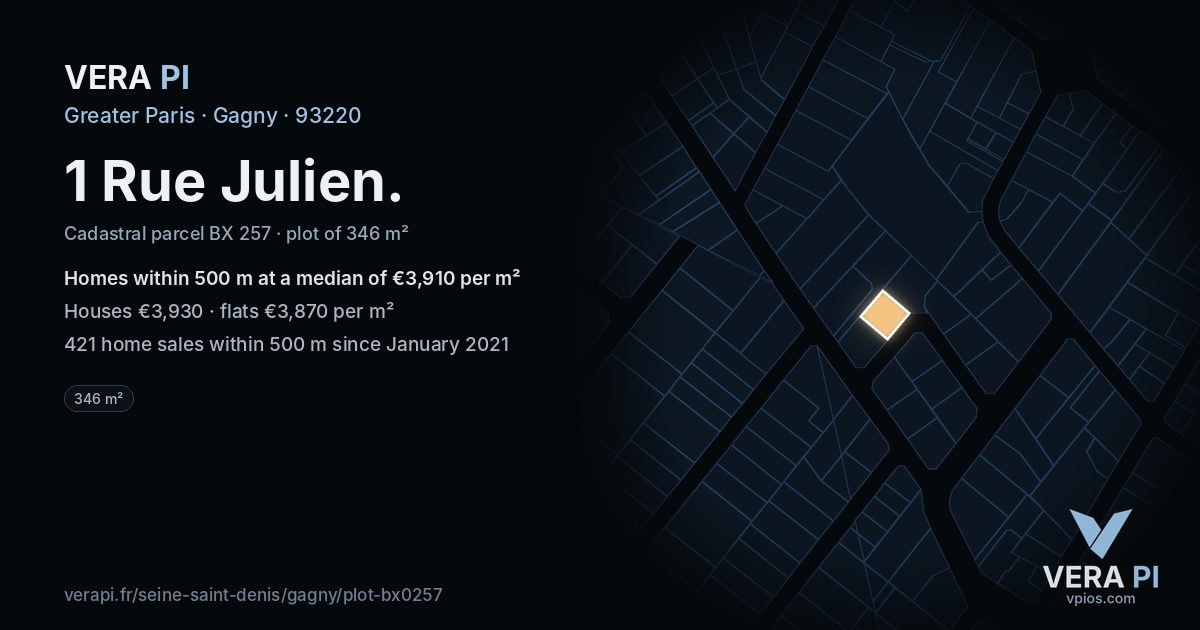 1 Rue Julien, Gagny at night – the plot lit, the parcels around coloured by the prices near them