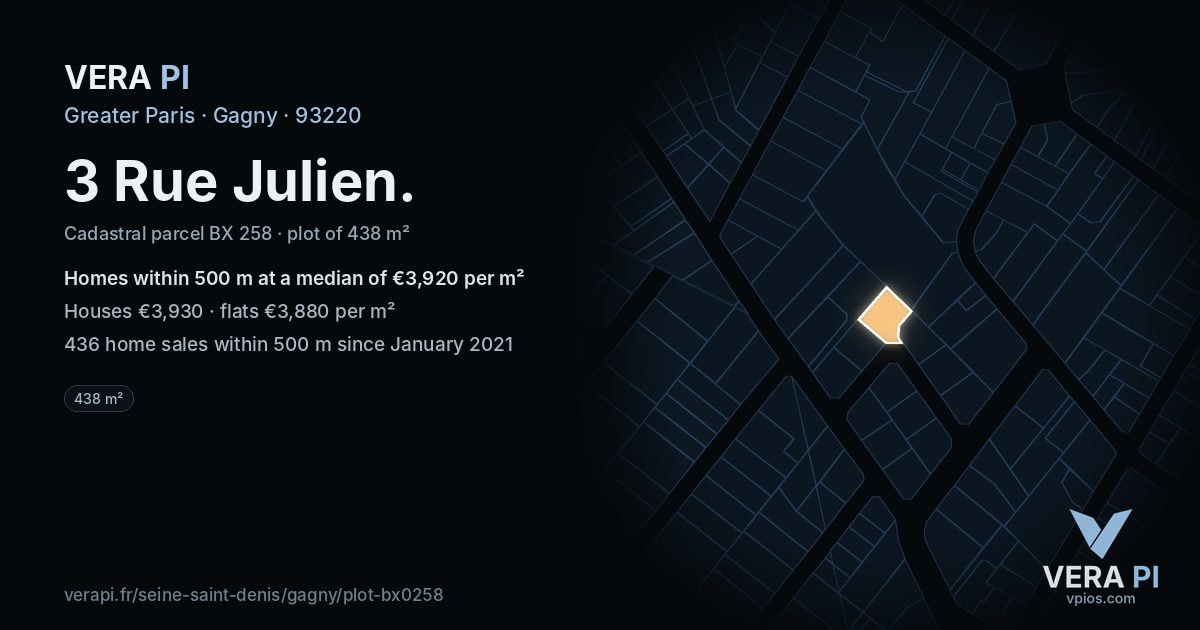 3 Rue Julien, Gagny at night – the plot lit, the parcels around coloured by the prices near them