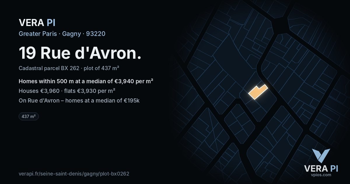 19 Rue d'Avron, Gagny at night – the plot lit, the parcels around coloured by the prices near them