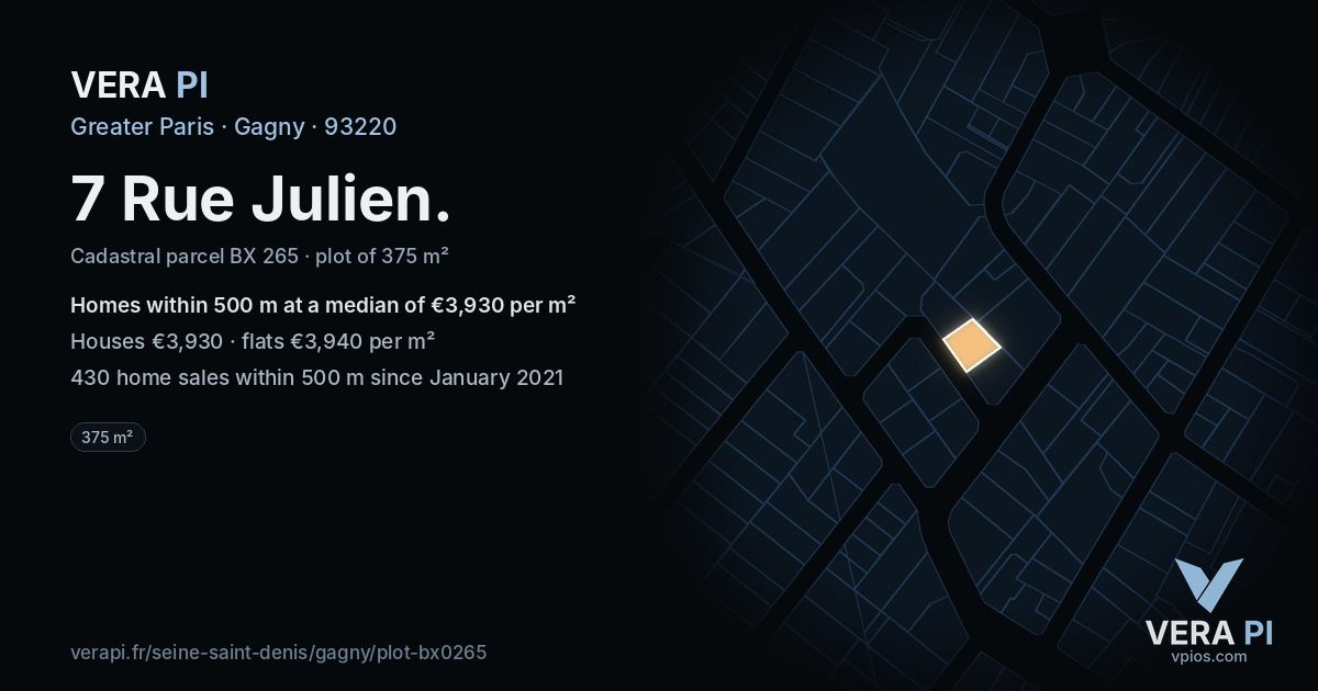7 Rue Julien, Gagny at night – the plot lit, the parcels around coloured by the prices near them