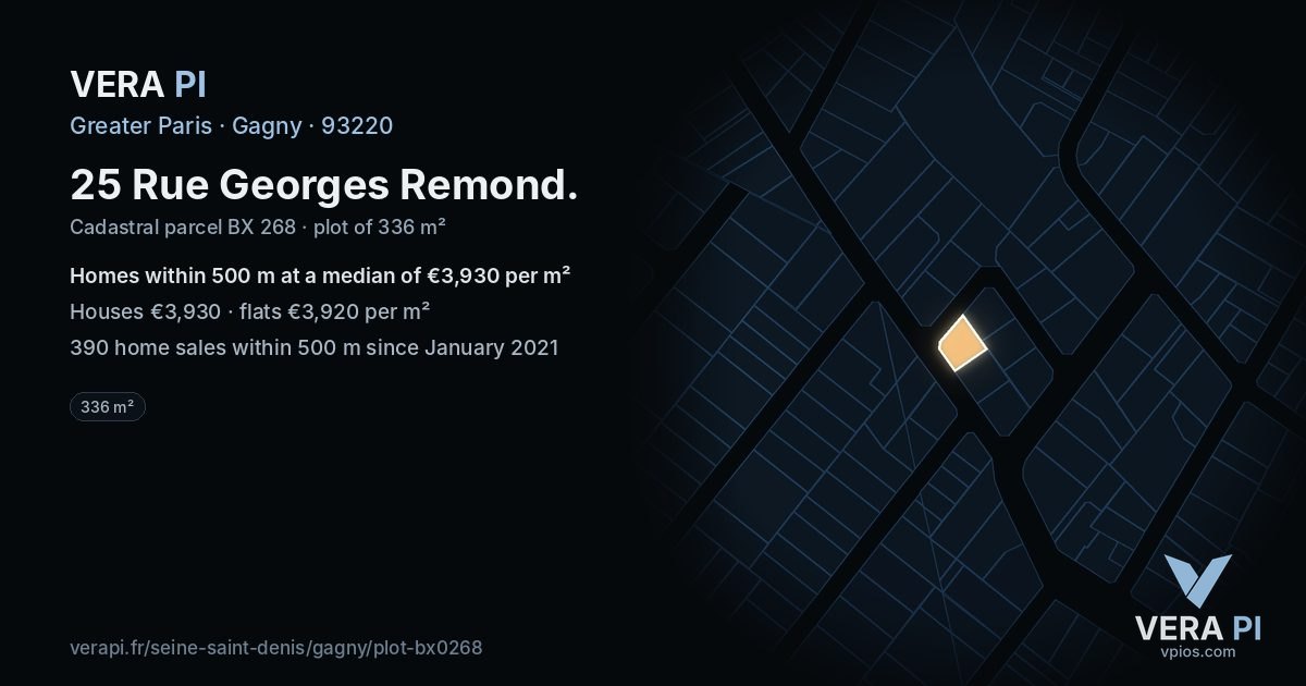 25 Rue Georges Remond, Gagny at night – the plot lit, the parcels around coloured by the prices near them