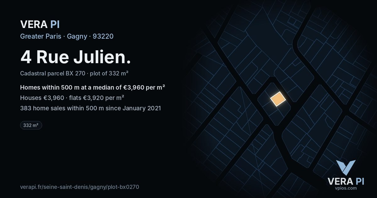 4 Rue Julien, Gagny at night – the plot lit, the parcels around coloured by the prices near them