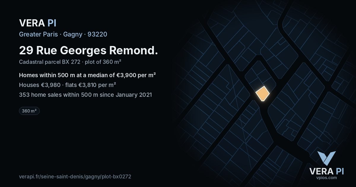 29 Rue Georges Remond, Gagny at night – the plot lit, the parcels around coloured by the prices near them