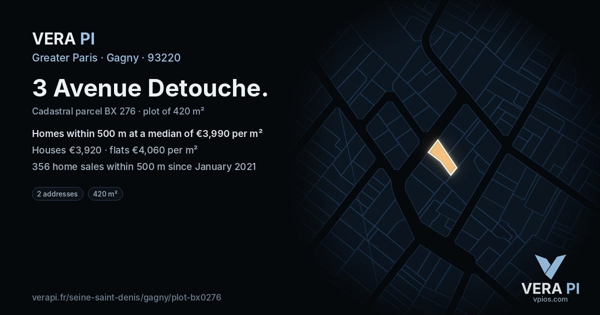 3 Avenue Detouche, Gagny at night – the plot lit, the parcels around coloured by the prices near them