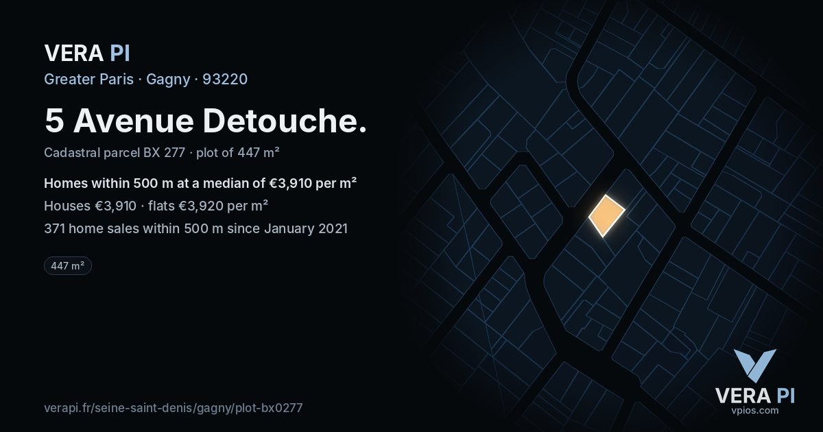 5 Avenue Detouche, Gagny at night – the plot lit, the parcels around coloured by the prices near them